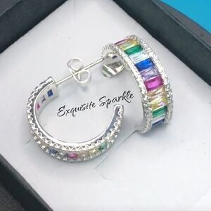 🌈 Lux 18k White Gold Filled CZ Rainbow C Hoop Earrings🏳️‍🌈